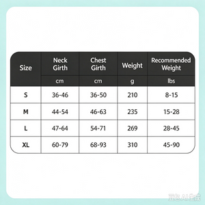 No-Pull Reflective Dog Harness, Leash & Vest Set - size chart for neck girth, chest girth and weight, for dogs walking training night