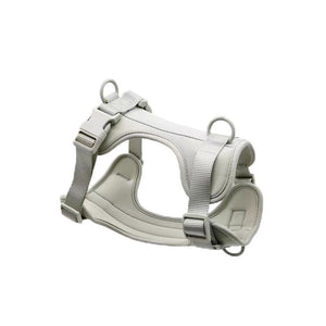 Soft padded dog harness in light grey, side view