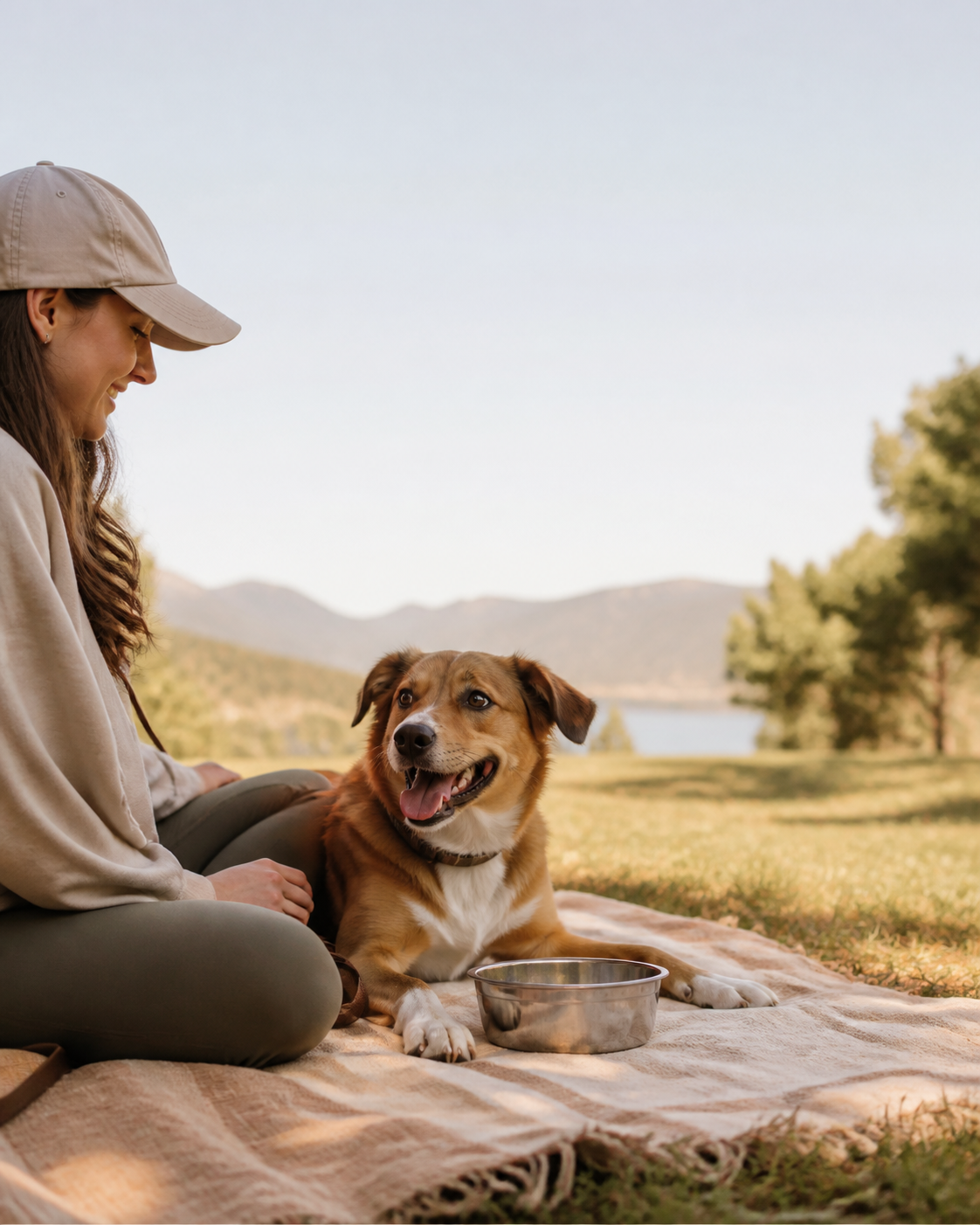 AI-generated lifestyle image of a dog resting beside an unbranded water bowl outdoors