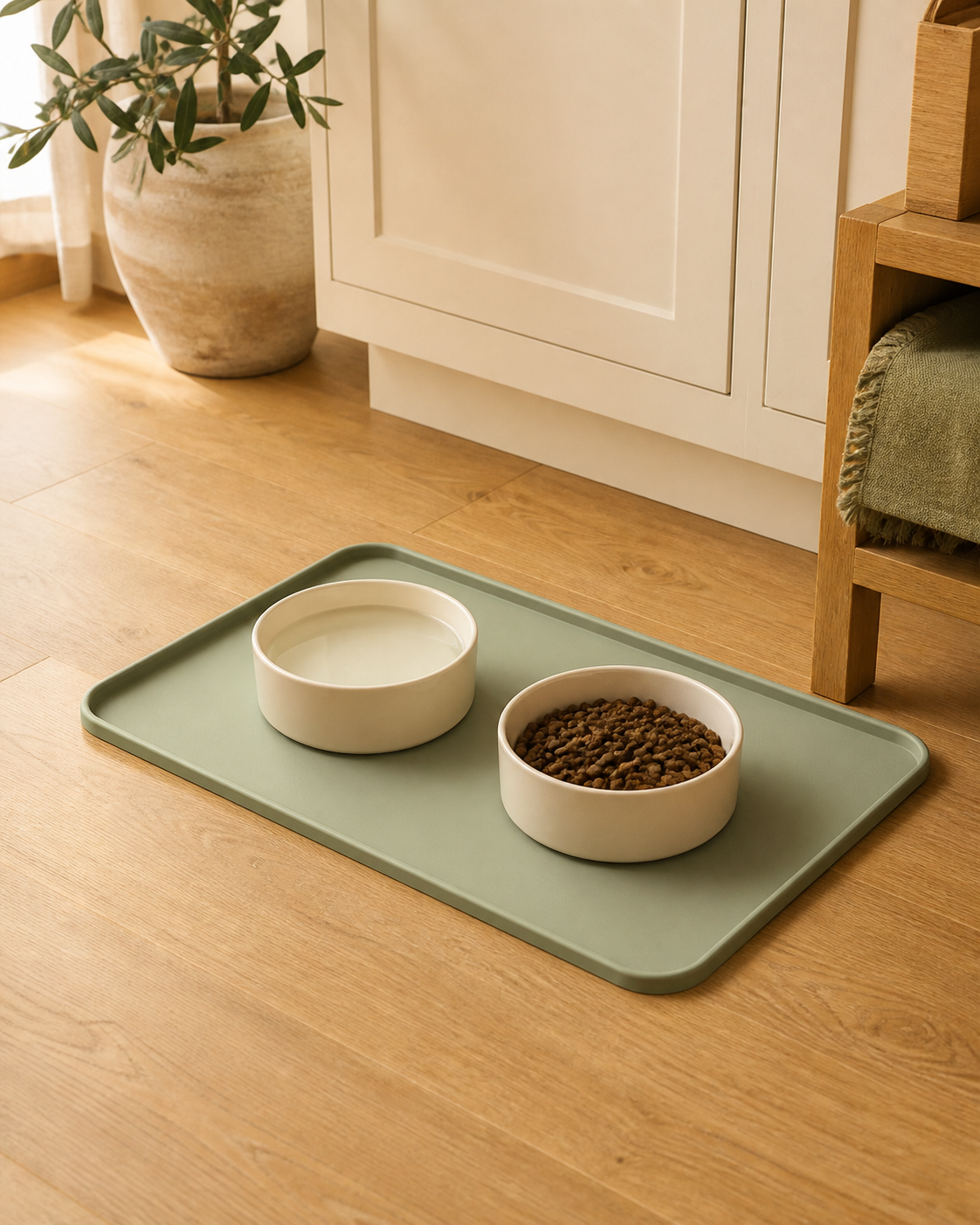 Dog bowls on a washable sage feeding mat