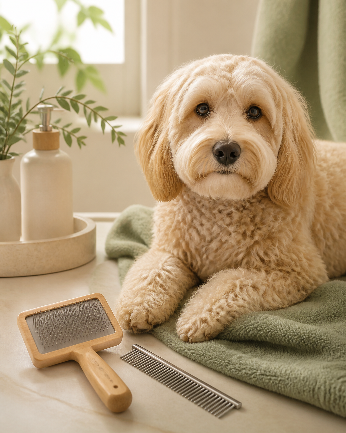 Dog grooming brushes beside a calm dog