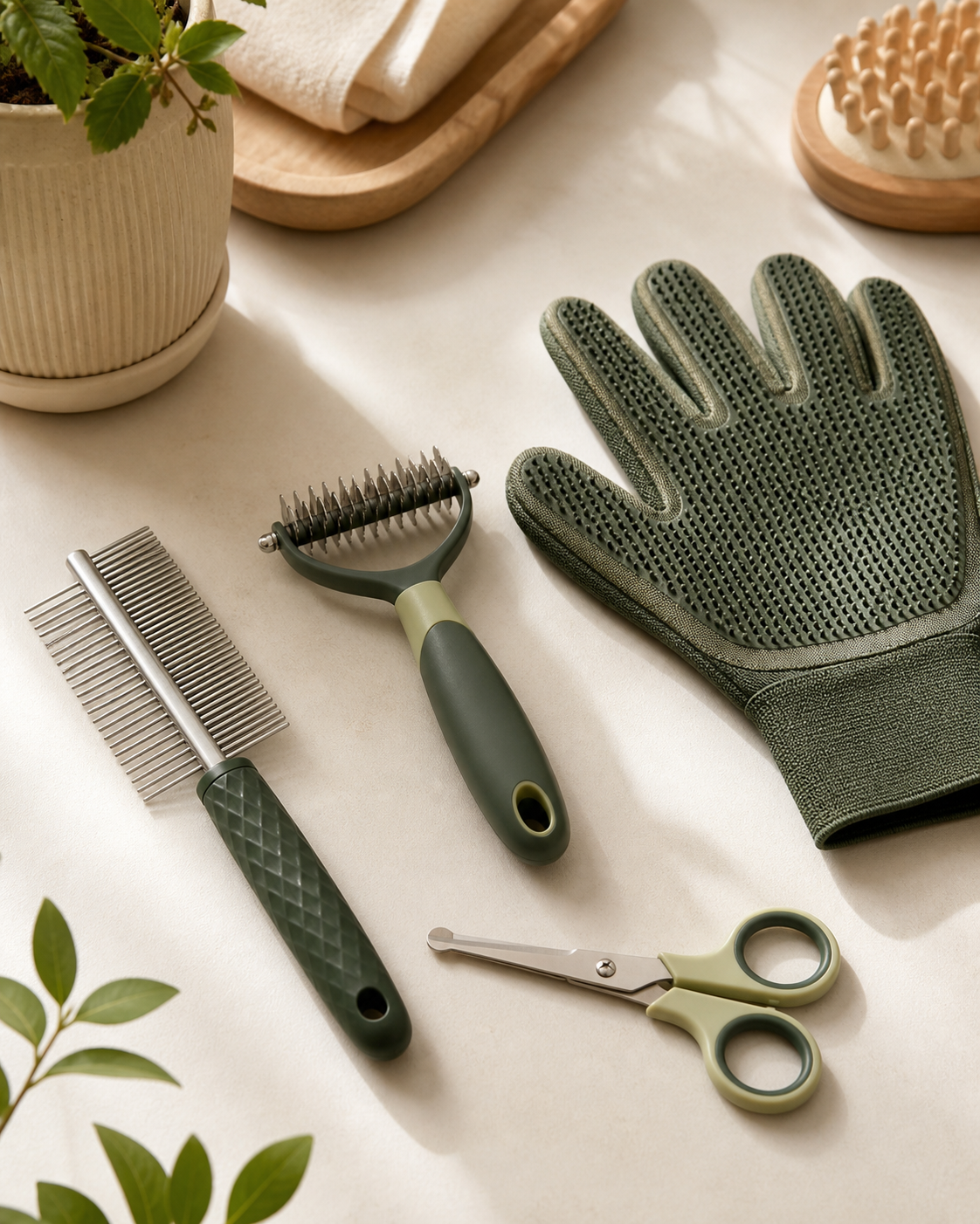 Organized dog grooming tools in green and cream