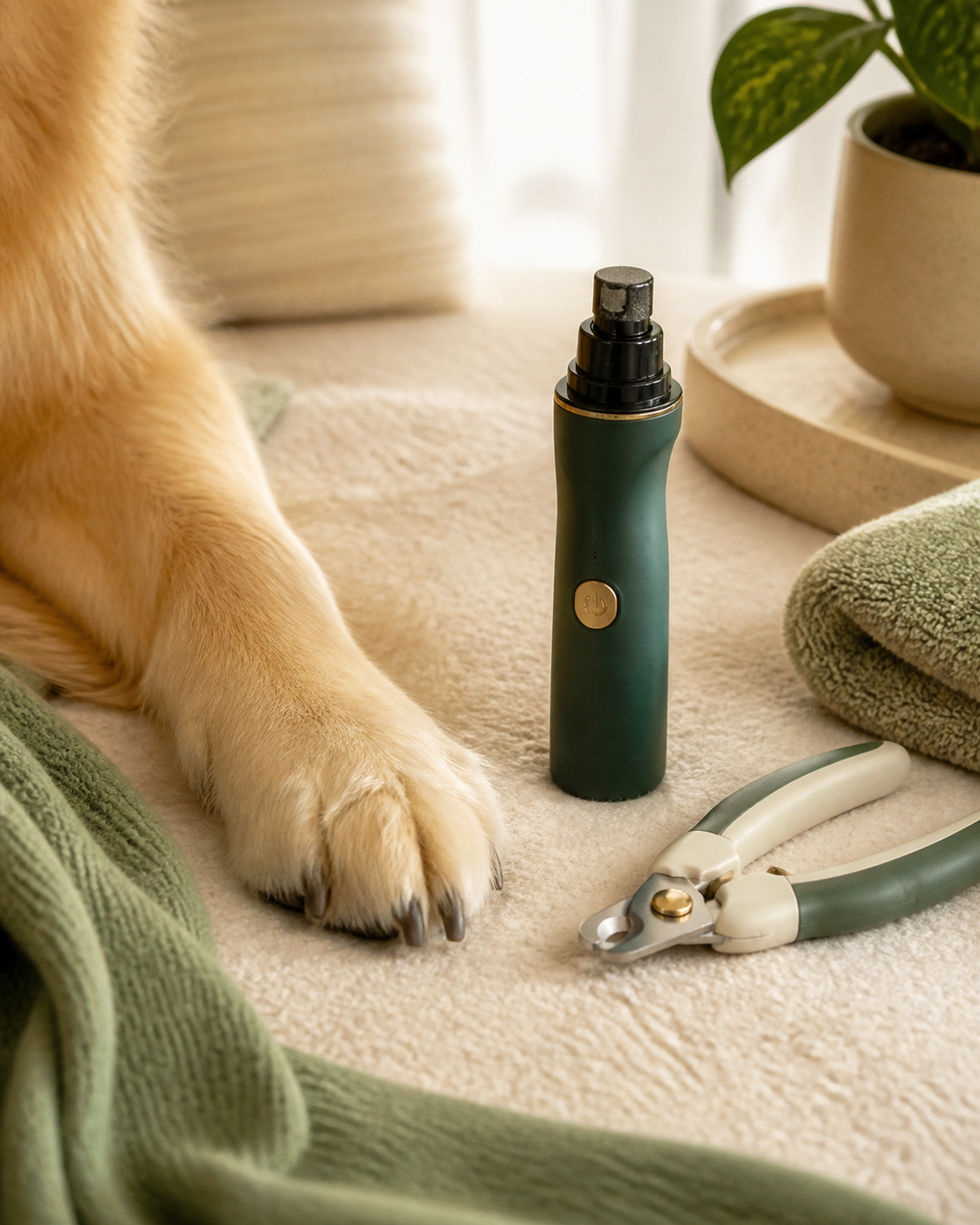 Dog nail care tools beside a relaxed paw