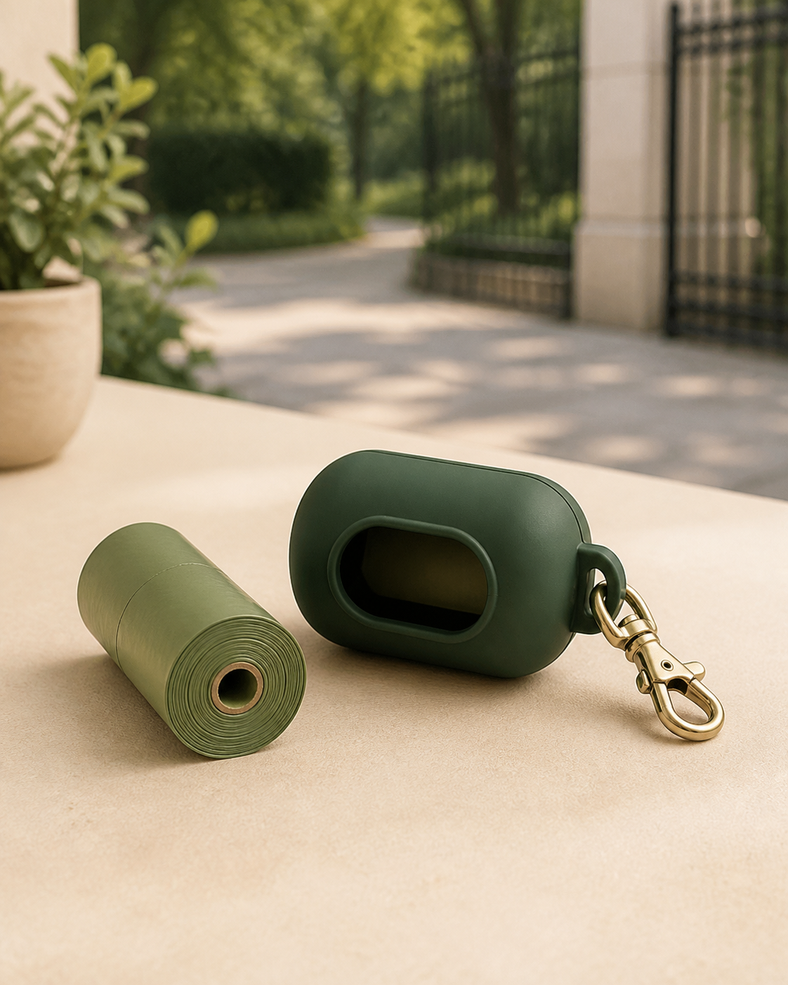 Forest green dog poop bag holder with unused waste bags