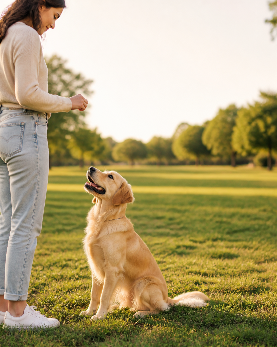 AI-generated lifestyle image of a dog practicing a calm sit with its owner in a park