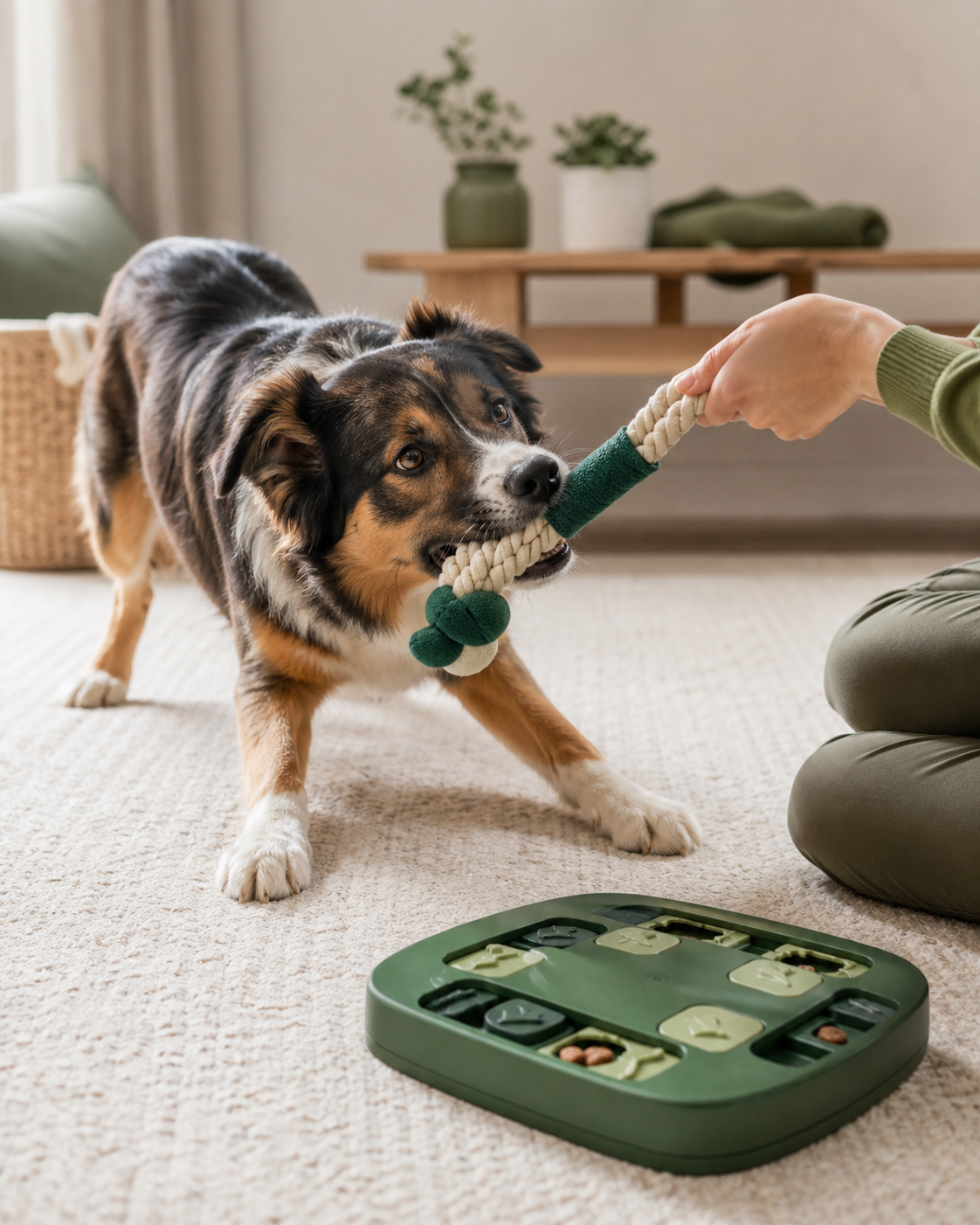 Dog engaging with training toys
