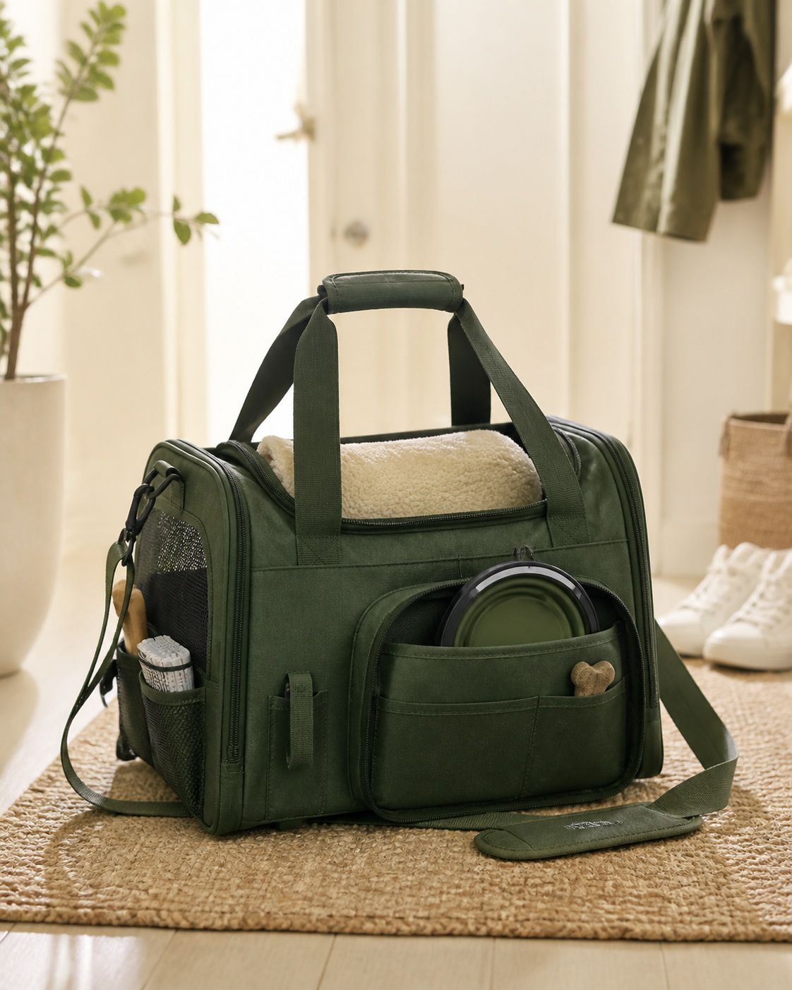 Forest green dog travel bag with organized essentials