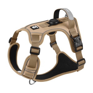 No-Pull GPS Dog Harness - khaki no-pull harness with a tracker mount, for dogs walking training tracking