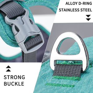Shock-Absorbing Reflective Dog Harness Vest - strong buckle and alloy D-ring close-up, padded dog harness for evening exercise
