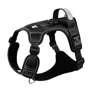 No-Pull GPS Dog Harness - black no-pull harness with a tracker mount, no pull GPS dog harness for outdoor