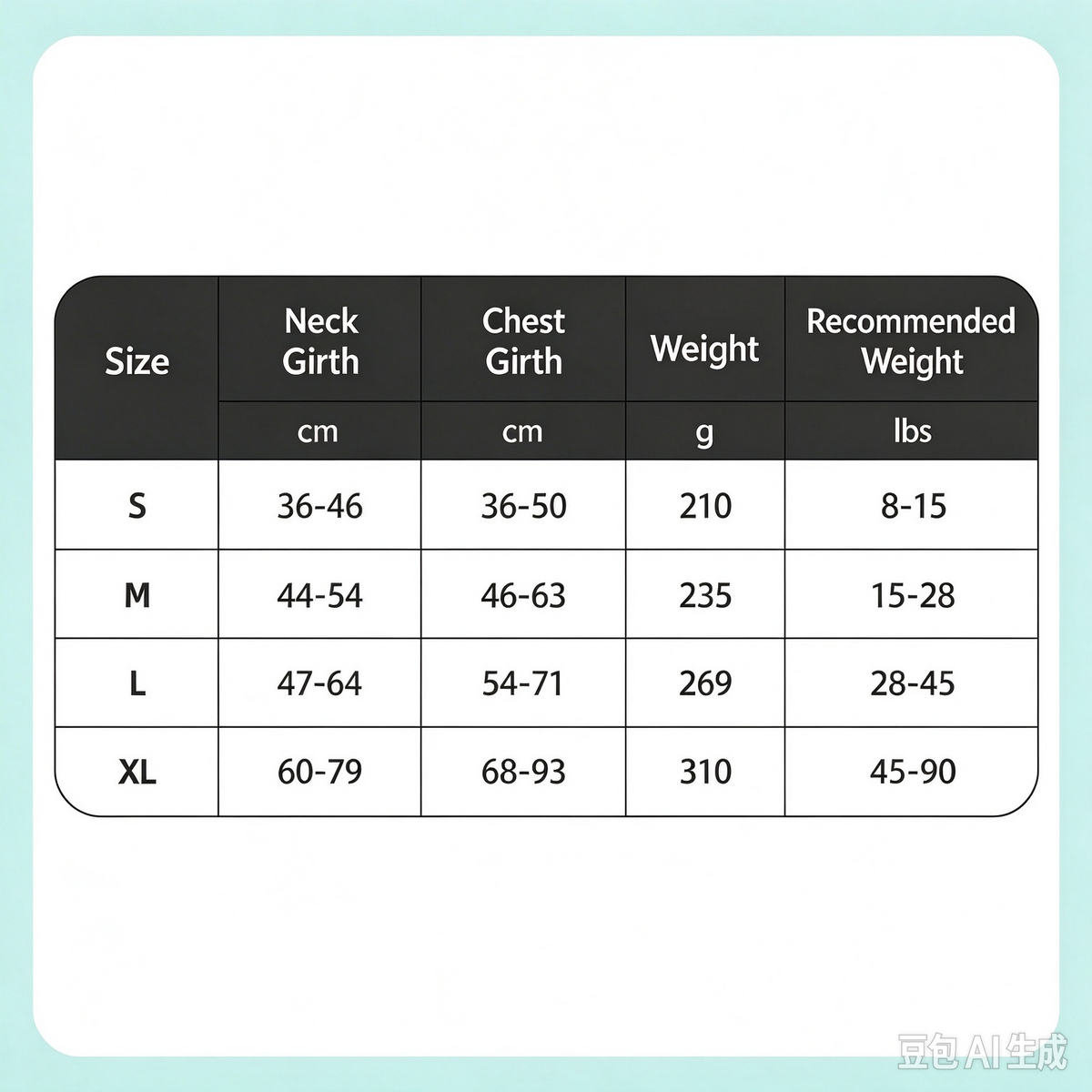 No-Pull Reflective Dog Harness, Leash & Vest Set - size chart for neck girth, chest girth and weight, for dogs walking training night