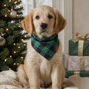 Dog Bandana - Plaid and Print Triangle Scarf - puppy wearing a green plaid bandana