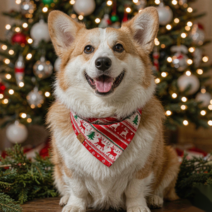Dog Bandana - Plaid and Print Triangle Scarf - corgi wearing a red holiday bandana