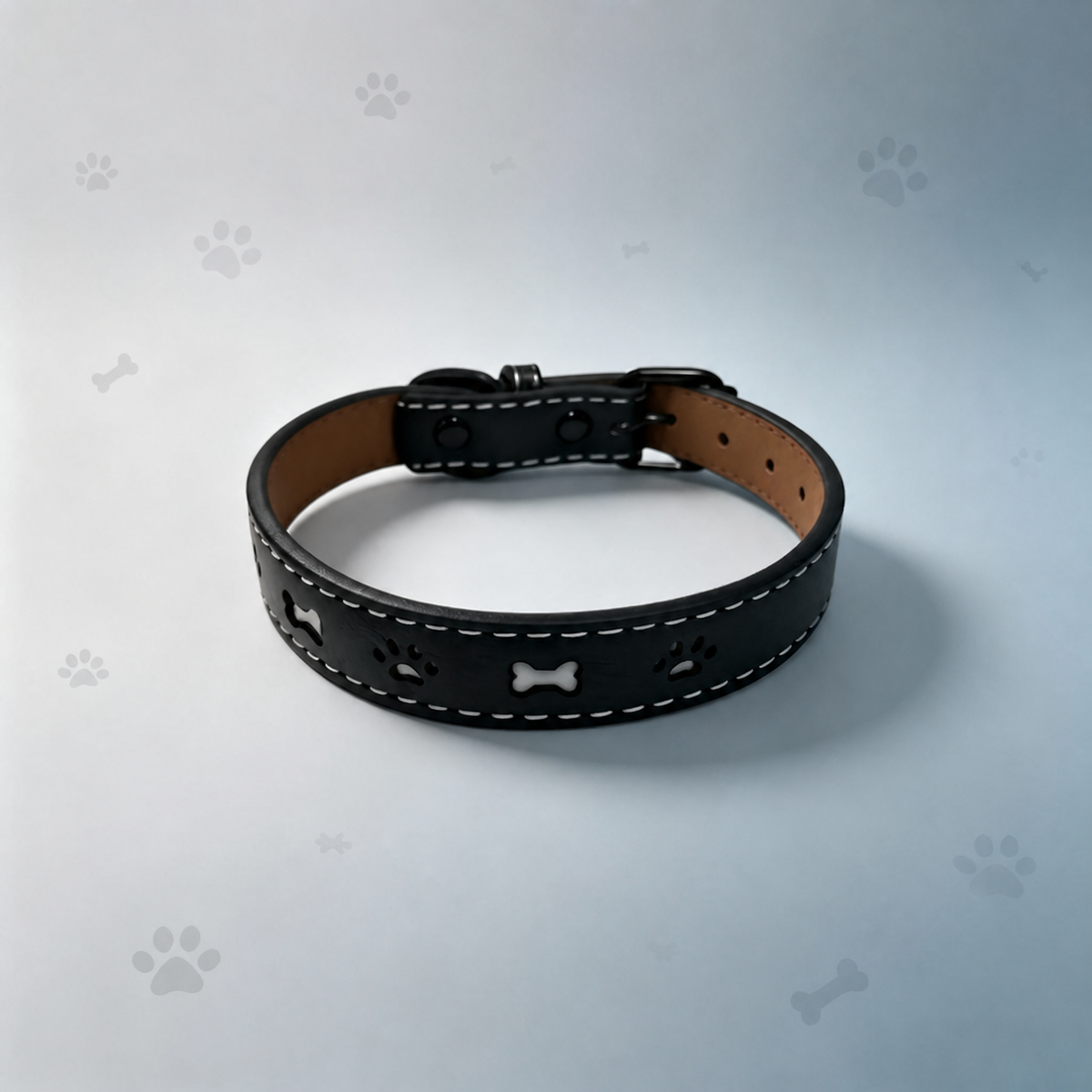Black reflective PU leather dog collar with paw and bone details