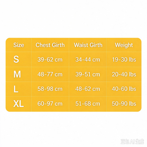 Heavy-Duty Tactical Dog Harness - size chart for chest girth, waist girth and weight, for medium large dogs working training
