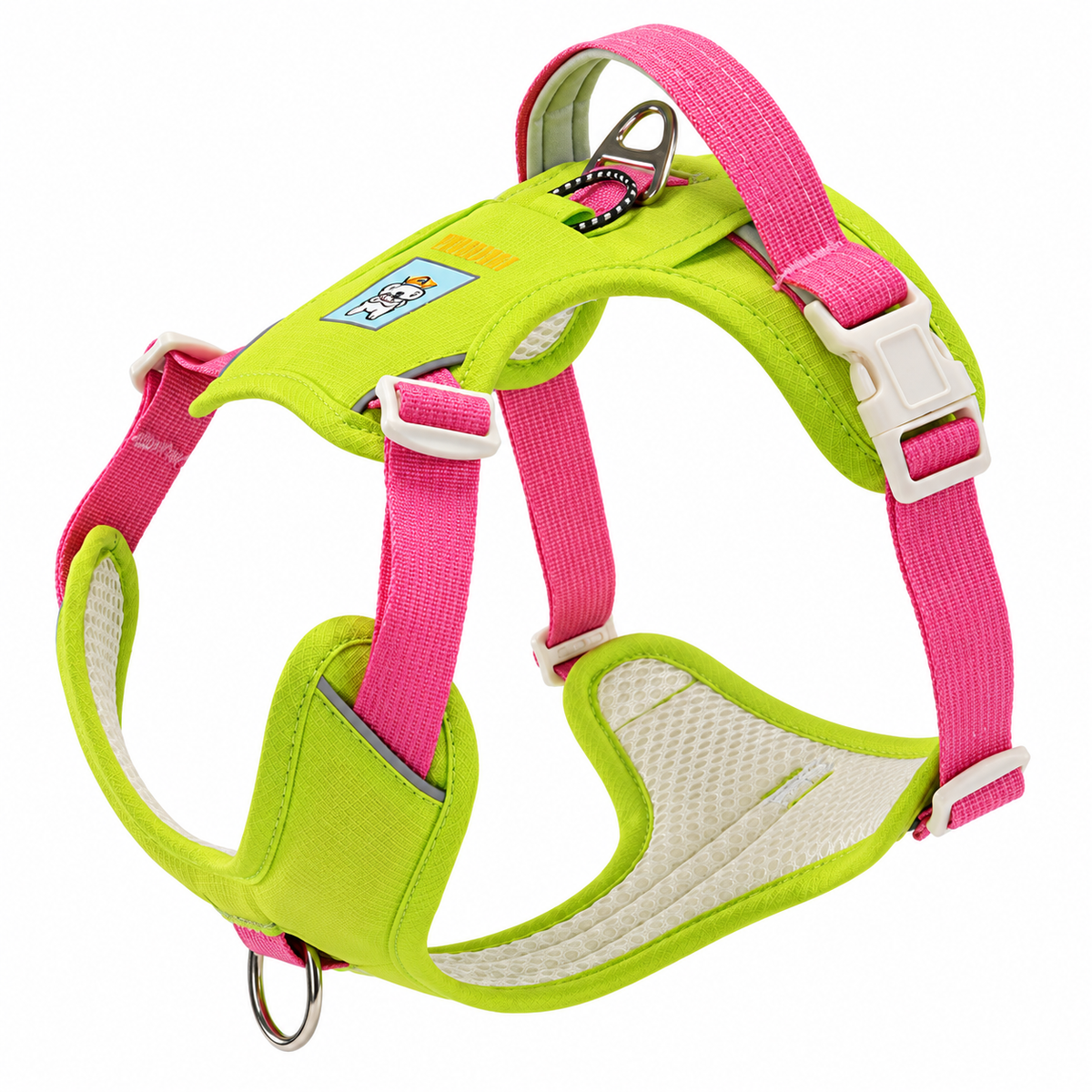 Pawivo Life no-pull dog harness in green and pink, side view showing padded mesh lining and top handle