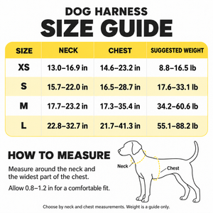 Dog harness size guide chart with neck, chest and weight ranges for XS, S, M and L sizes