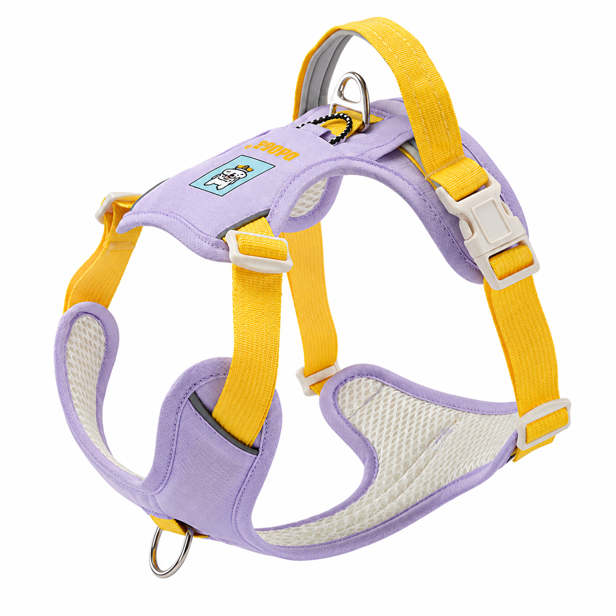 No-pull dog harness in purple and yellow with reflective trim and quick-release buckle