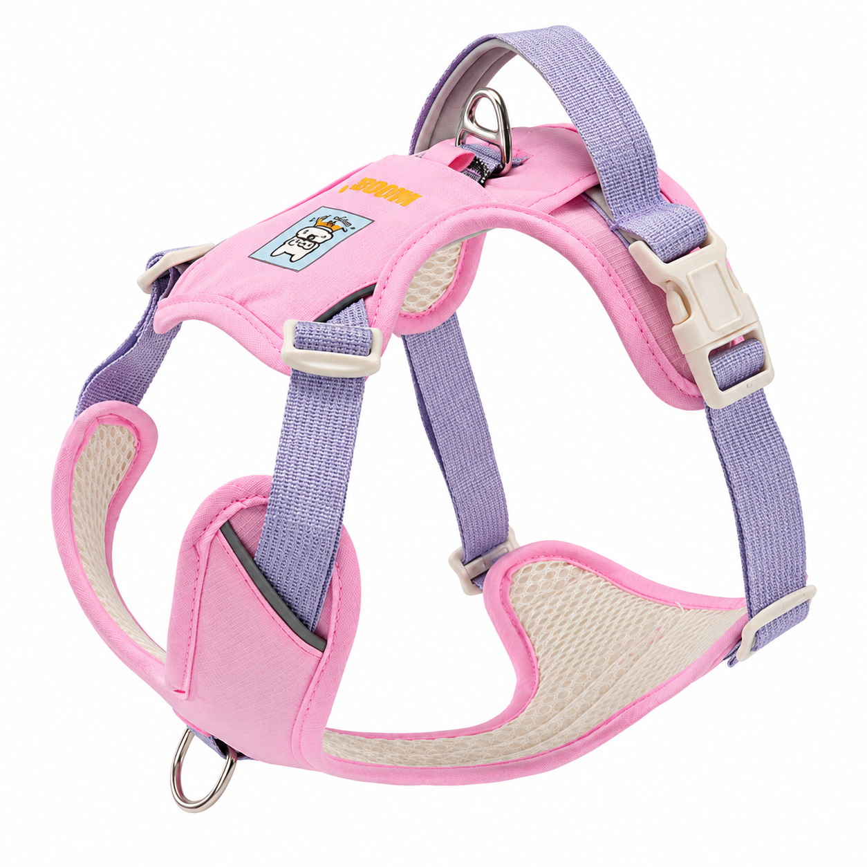 No-pull dog harness in pink and purple, three-quarter view showing padded chest panels