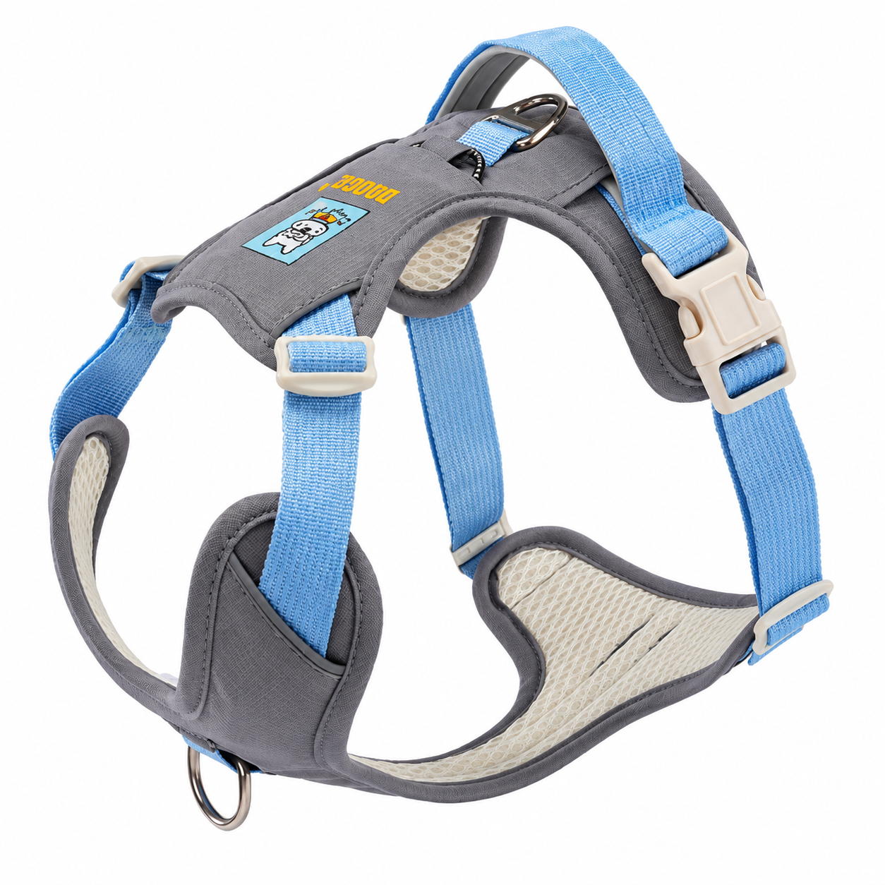 No-pull dog harness in grey and blue with breathable mesh lining and sturdy leash D-ring