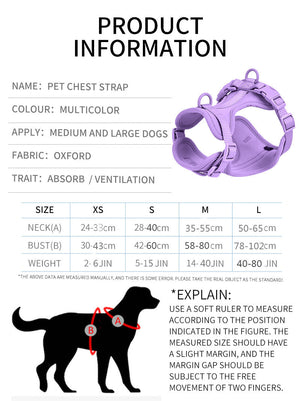 Dog harness product information and size chart with neck, chest and weight ranges for XS to L