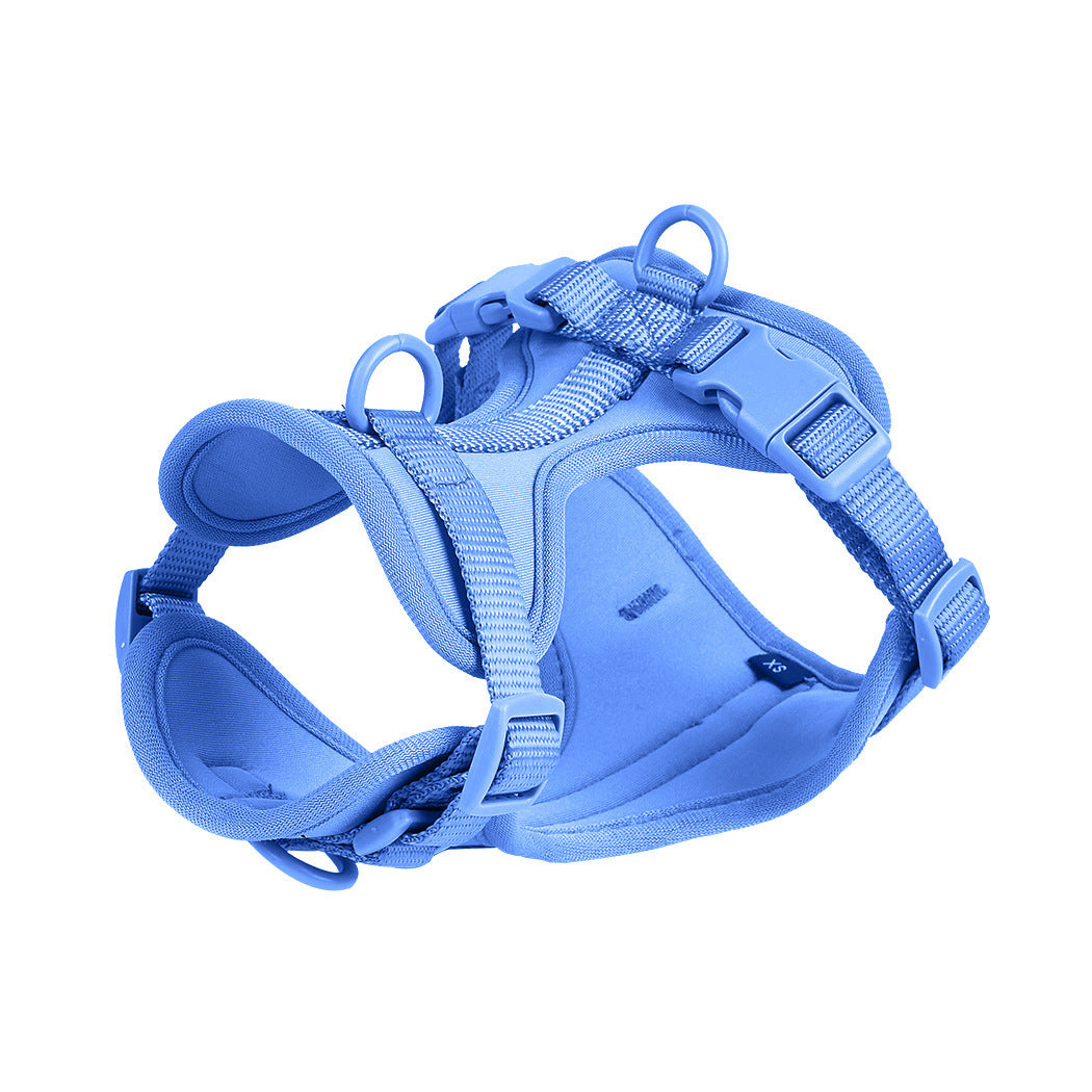 Soft padded dog harness in blue, three-quarter view