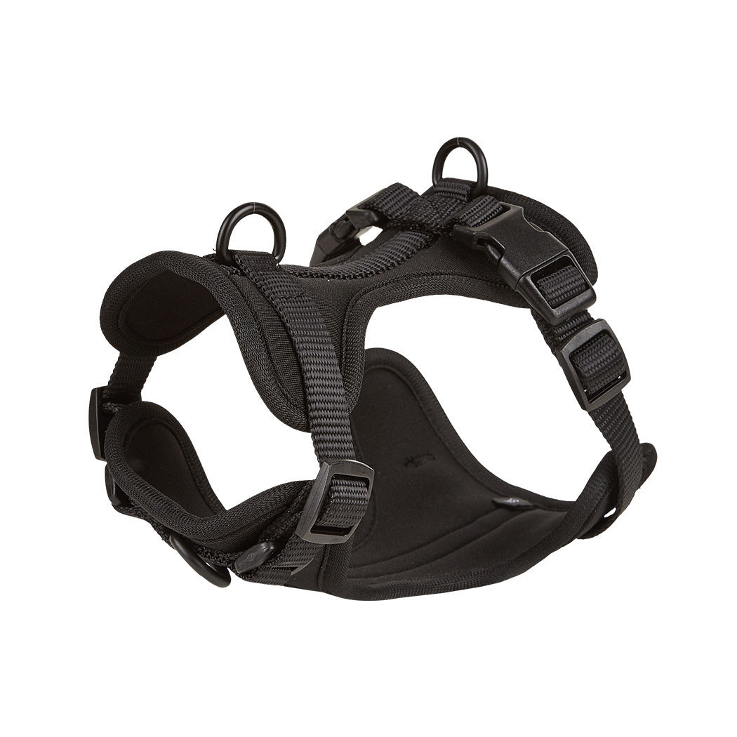 Soft padded dog harness in black, side view