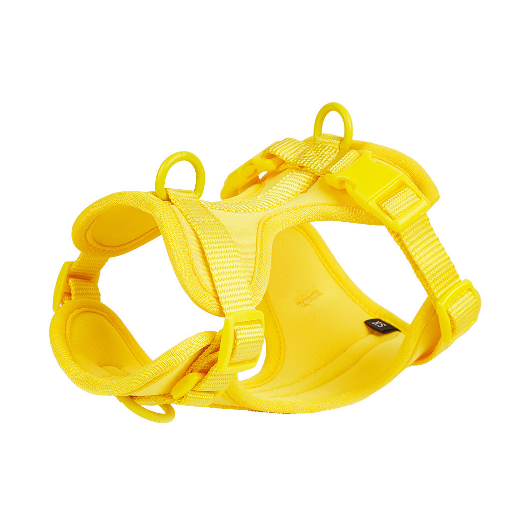 Soft padded dog harness in yellow, side view