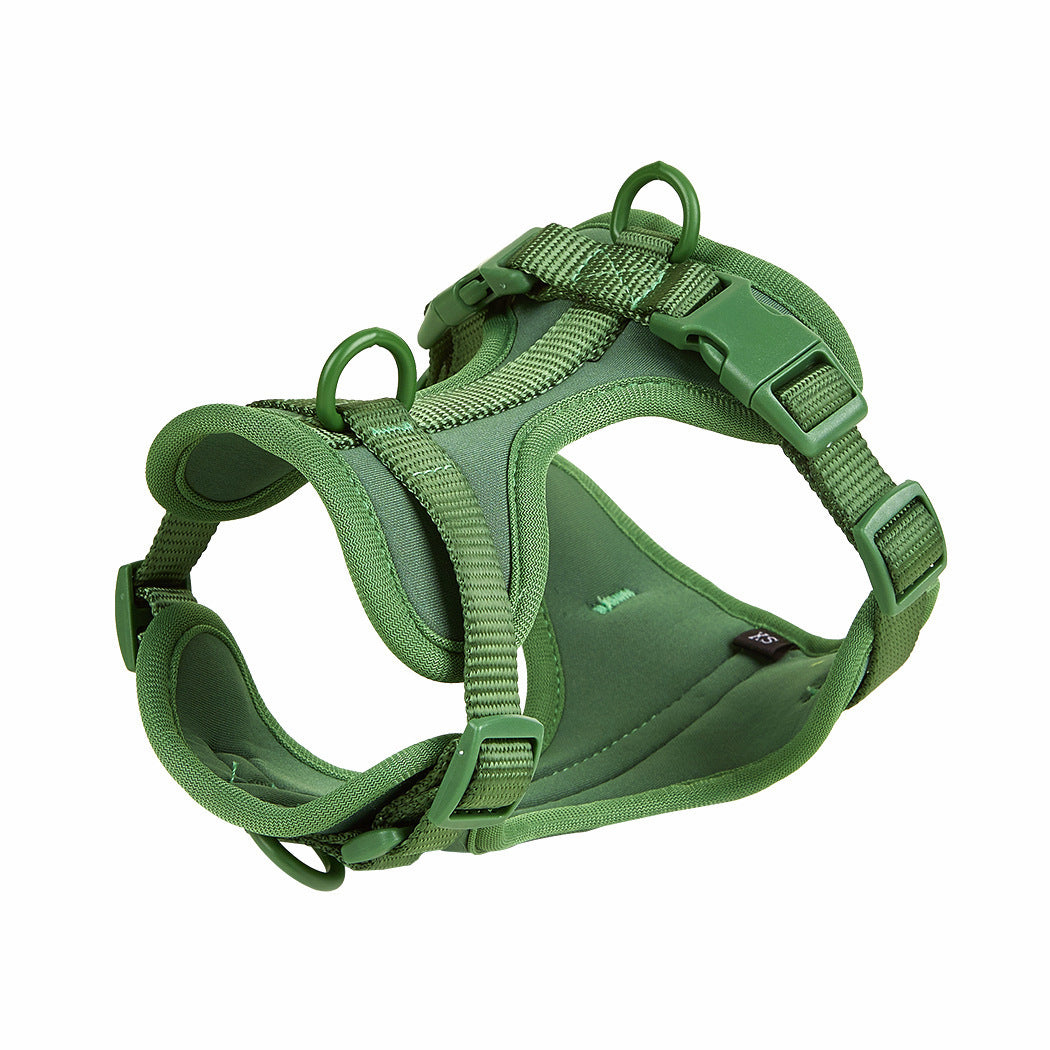 Soft padded dog harness in army green, side view