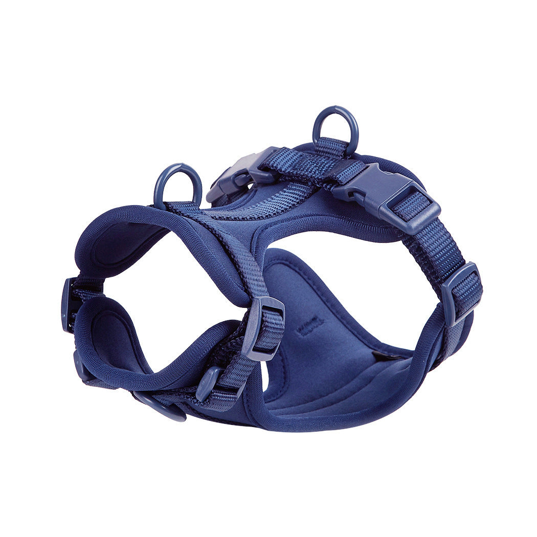 Soft padded dog harness in deep blue, side view