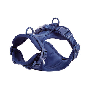 Soft padded dog harness in deep blue, side view
