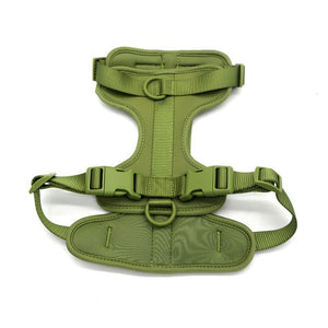 Army green dog harness detail view showing dual leash rings and adjustable straps