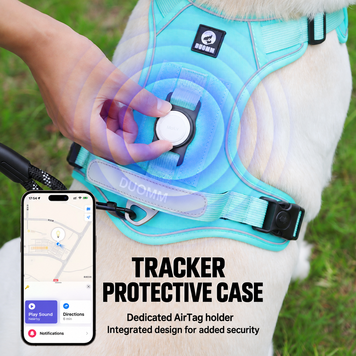 No-Pull GPS Dog Harness - dedicated AirTag tracker protective case with integrated anti-loss holder, live tracking on the phone app