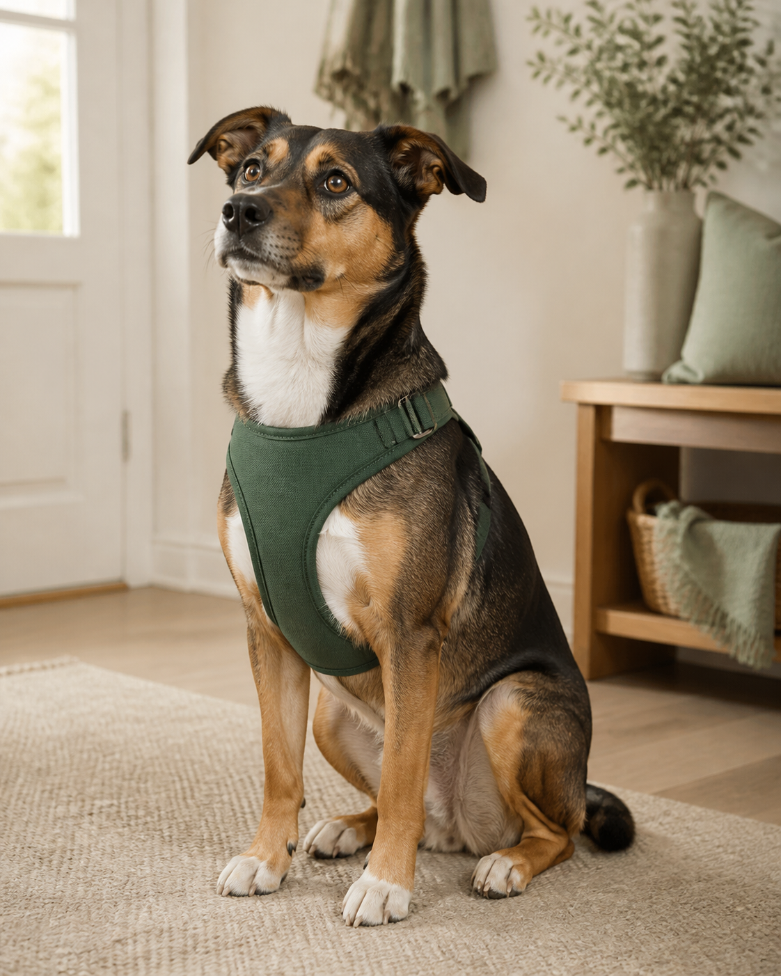 Dog wearing a comfortable forest green harness