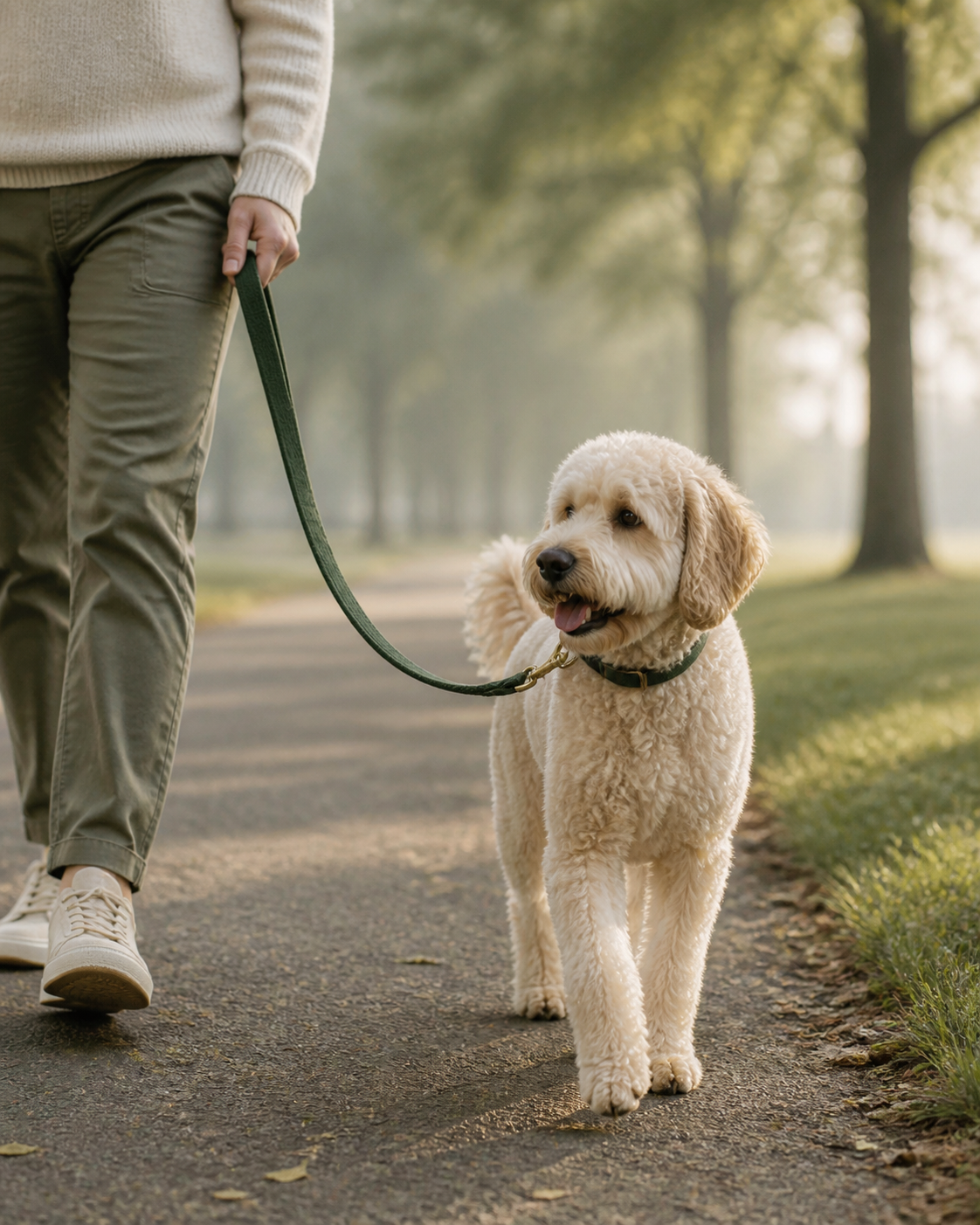 Dog walking calmly on a forest green leash