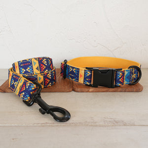 Matching geometric dog collar and leash set with black hardware