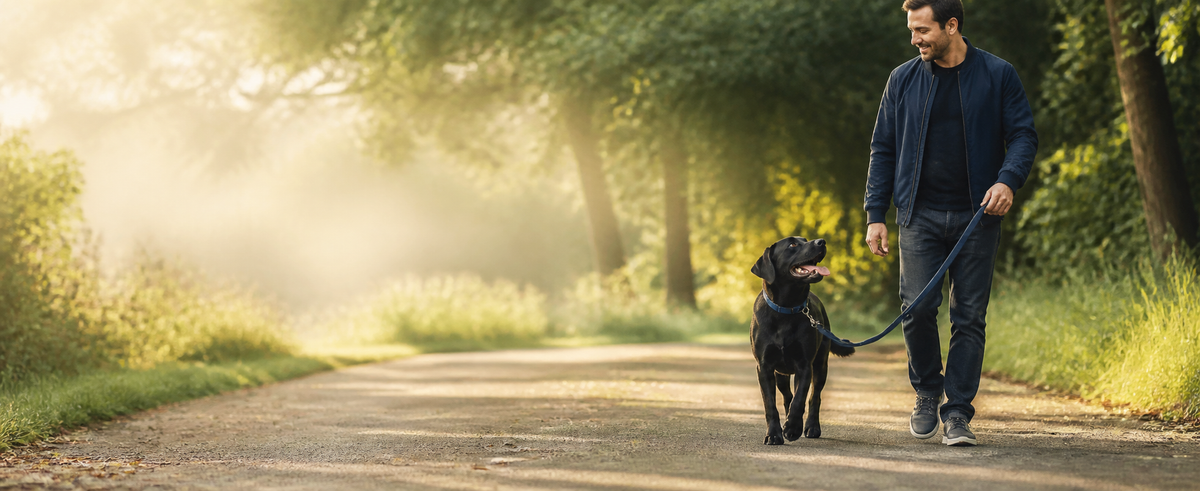 Dog and owner walking together on a sunlit park path