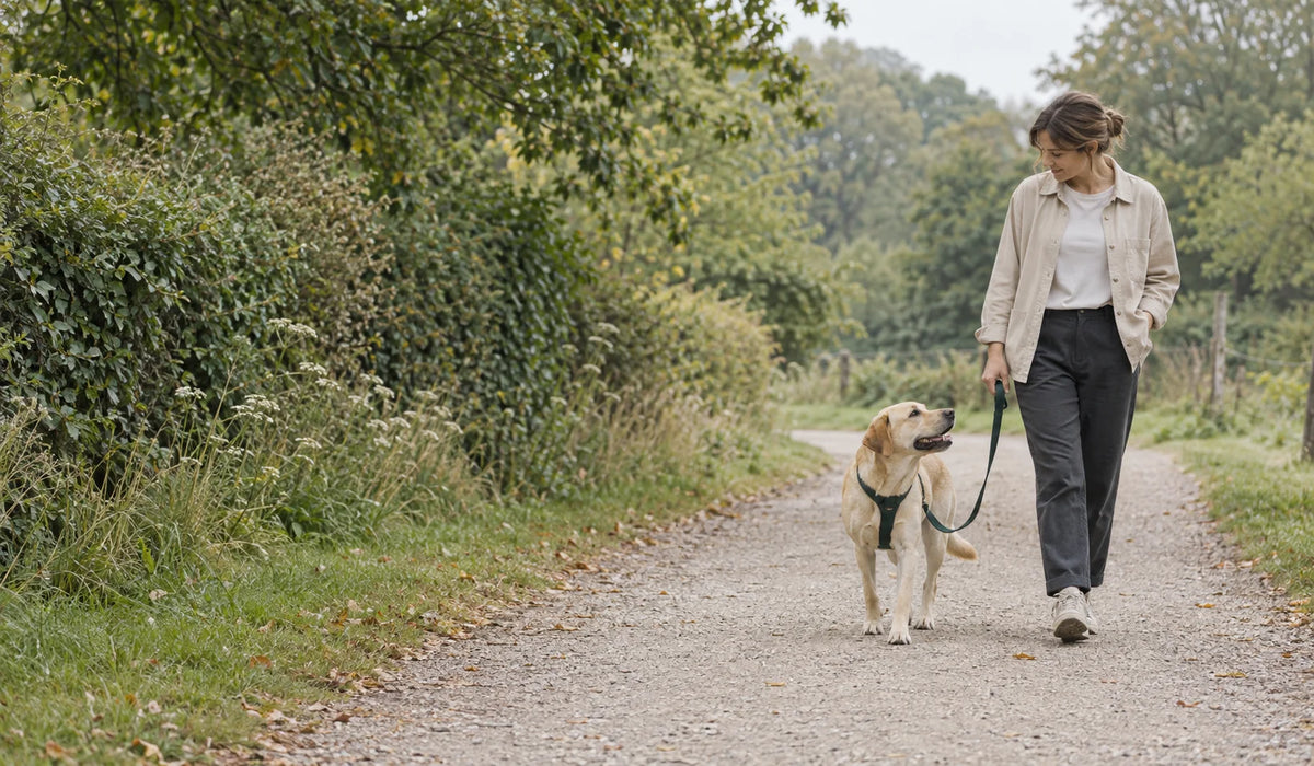 Dog outdoors wearing everyday walking gear