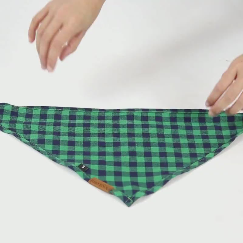Dog Bandana - Plaid and Print Triangle Scarf - product video showing the green plaid triangle bandana