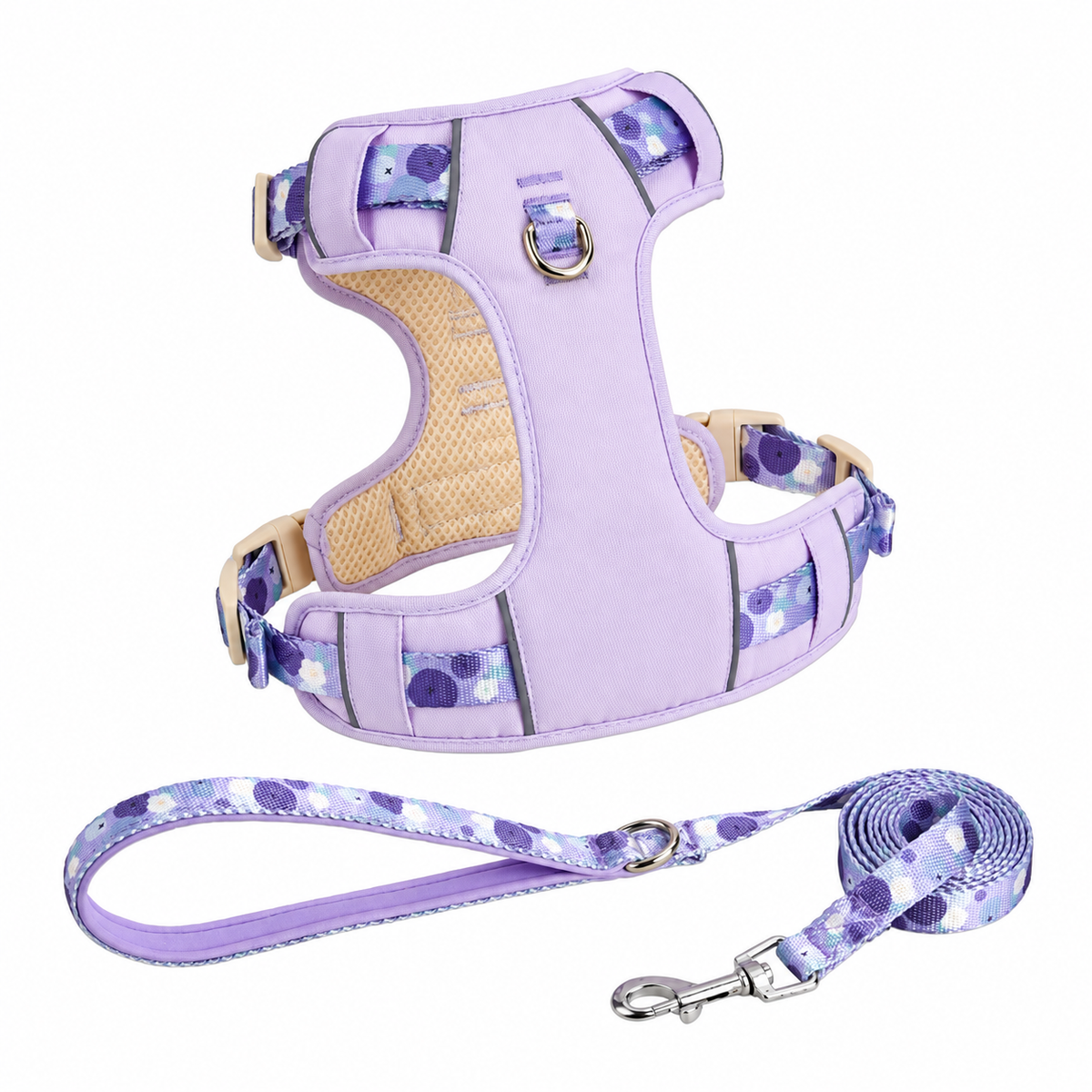 Reflective dog harness and matching leash set in purple, flat lay view