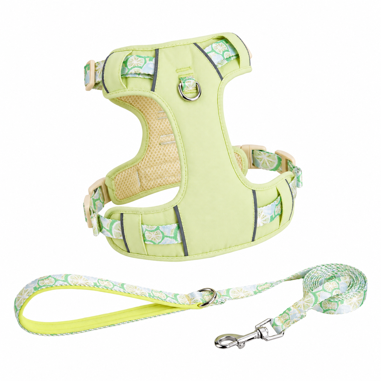Reflective dog harness and leash set in green, flat lay view