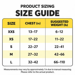 Size guide chart for the reflective dog harness set with chest and weight ranges